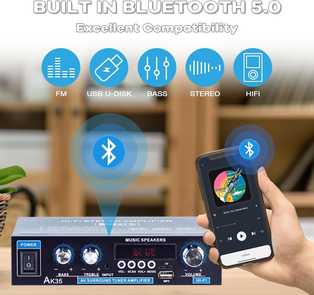 AK35 5.0 2.0 30Wx2 Bluetooth Stereo Amplifier, Channel Mini Audio Receiver, Home HiFi Audio Amp with Bass/Treble