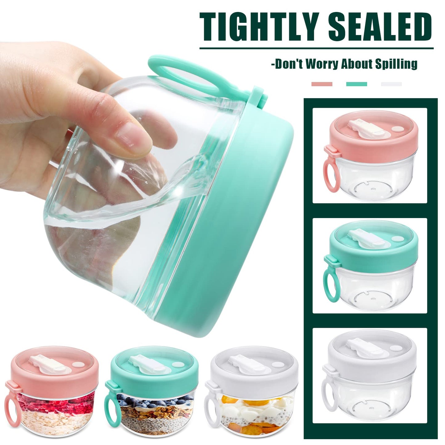 Rtteri 6 Pcs 20 oz Large Overnight Oats Containers with Lids and Spoons Plastic Yogurt Jars Leakproof Overnight Oats Jars with Lids Smoothie Containers Cups for Food Storage, 3 Colors