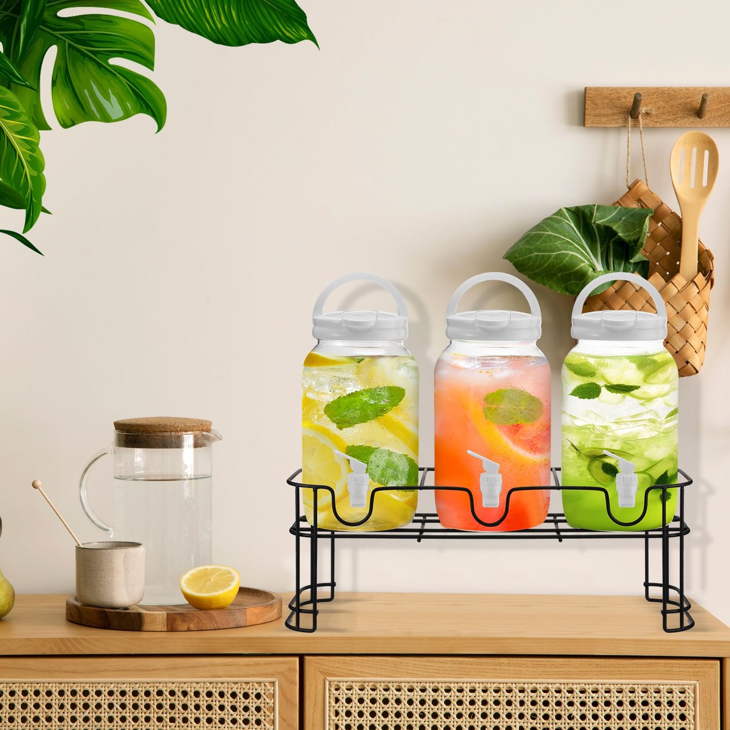 Tanlade 3 Pcs Plastic Drink Dispenser with Stand Beverage Dispenser with Sturdy Metal Base Juice Dispensers for Parties Lemonade Jar Spigot for Weddings Countertop, Each 1 Gallon(White)