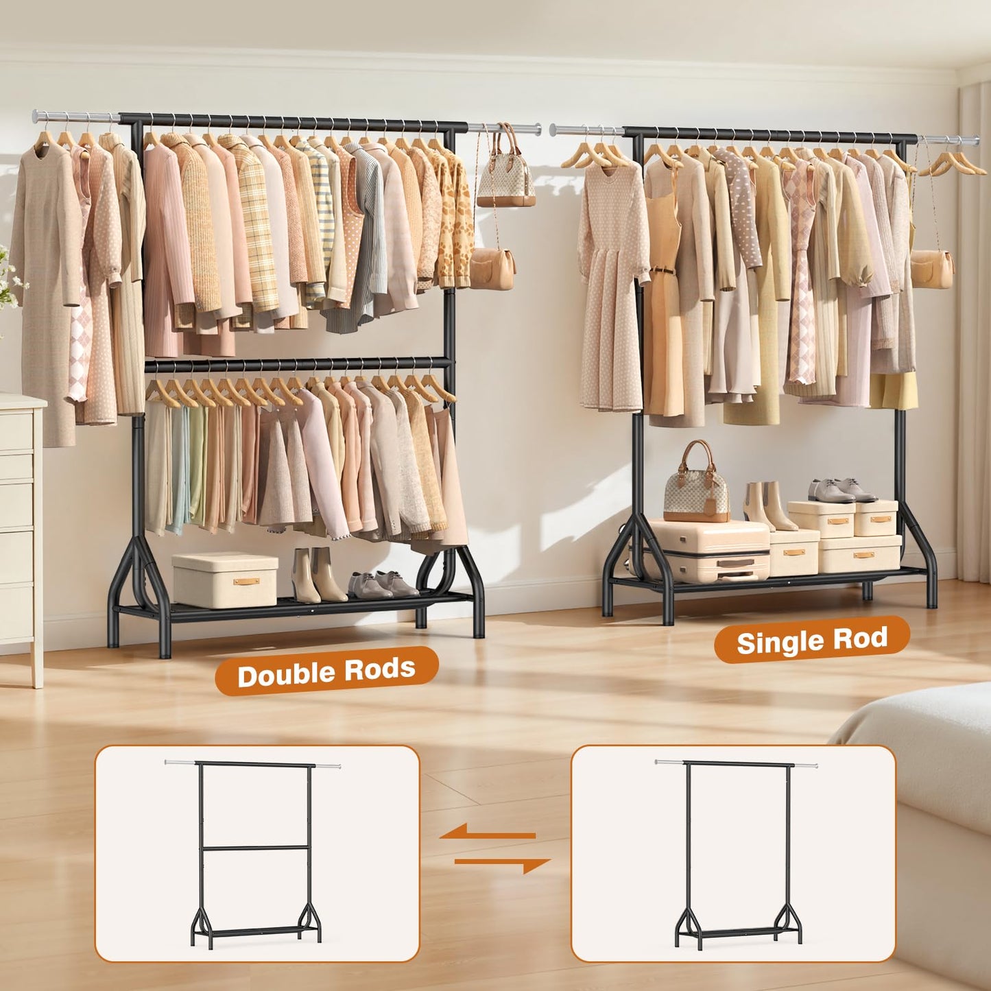 EAGMAK Double Rod Clothing Rack Load 622 LBS, Heavy Duty Clothes Rack for Hanging Clothes, 82.68 inch High Garment Rack with Sotrage Shelves, Metal Clothing Hanger Closet Wardrobe Organizer (Black)