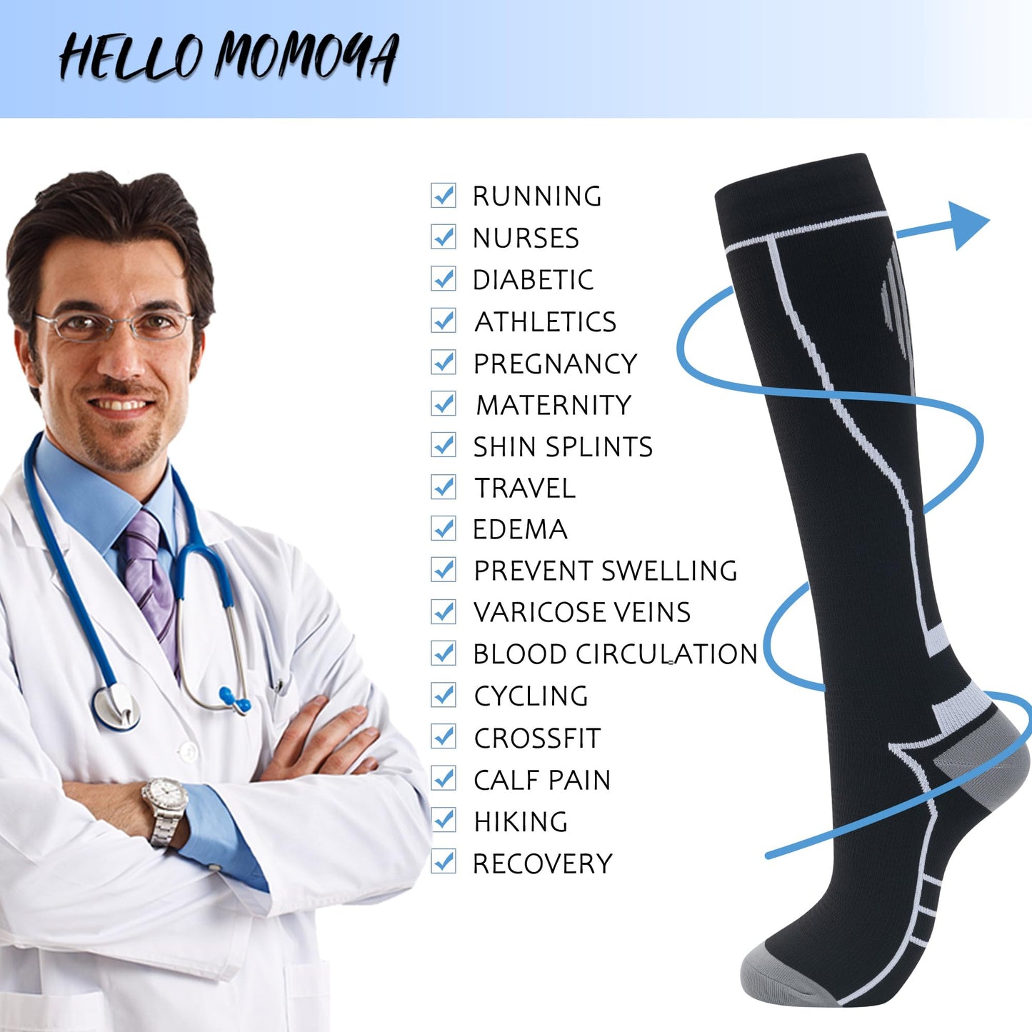 Hello Momoya Compression Socks for Women Men Circulation Knee High 8 Pairs for Nurses, Running, Travel, Athletic(L/XL,Multicolor00)