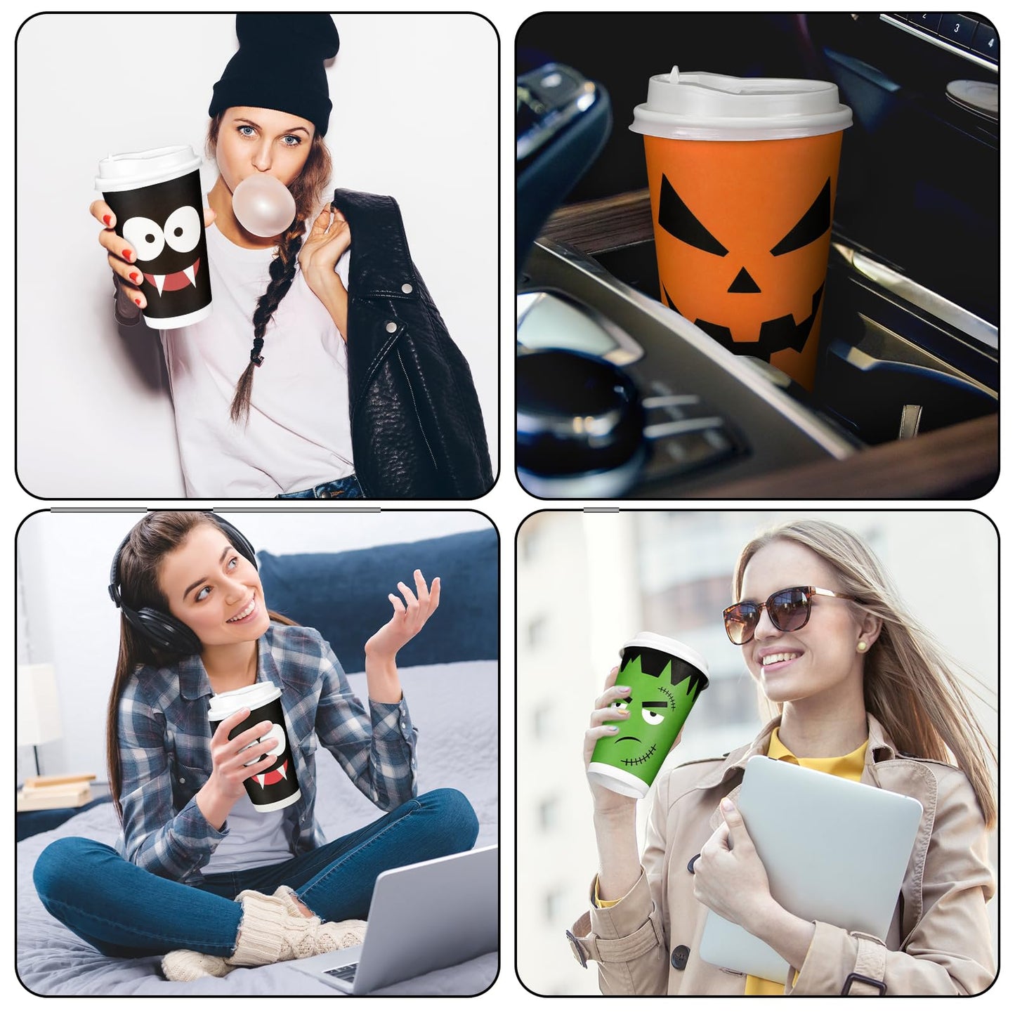 Lallisa 120 Pcs/60 Set Halloween Disposable Coffee Cups with Lids 16 oz Disposable Paper Cups Set Halloween Birthday Party Supplies for Hot Cold Drinks Tea Hot Chocolate Cocoa (Face)