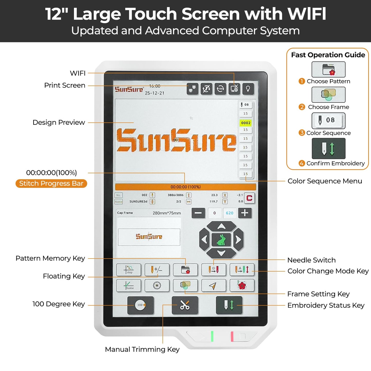 SUNSURE 15-Needle Super Silent Commercial Embroidery Machine, 24″ x 16″ Large Embroidery Area, 1200 SPM Speed, 12 inch Touchscreen, 3D&2D Cap,flat System Included, Pattern Free Design Support