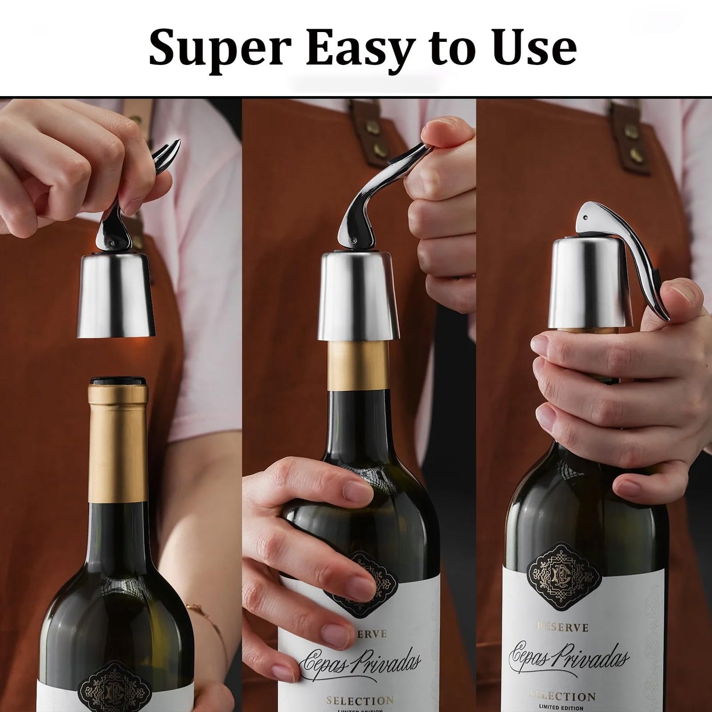 Pafusen Wine Stoppers Set of 4, Stainless Steel Wine Bottle Stopper with Silicone Seal, Reusable Wine Freshness Keep, Wine Saver Wine Bottle Sealer Stopper, Wine Accessories Gift (4 Pack, Silver)