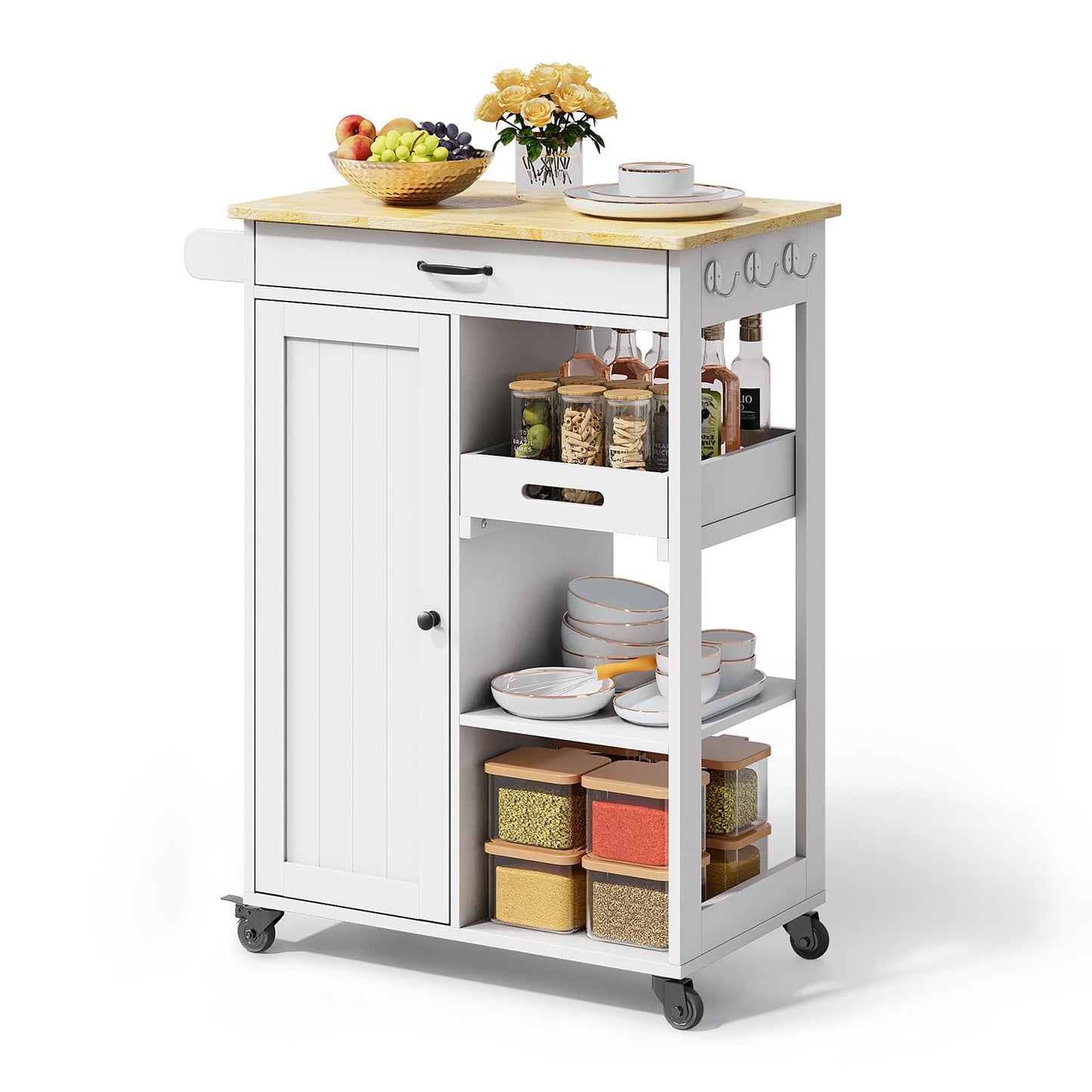 Gizoon Kitchen Island Cart with Removable Tray, 27.6''W Rolling Utility Trolley Cart with Drawer, Cabinet, Towel Rack, Hooks and 3 Open Storage Shelves, Mobile Storage Cart for Dining Room, Bar, White