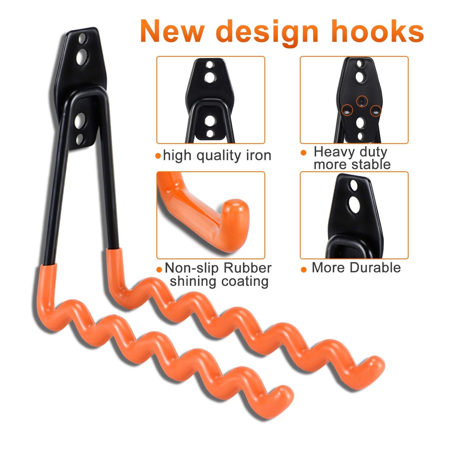AOBEN 24PCS Garage Hooks, Heavy Duty Double Garage Hanger Organizer Wall Mount Iron Anti-Slip Garage Storage Hooks for Ladder, Power Tool,Bike,Ropes（23 Hooks & 1 hoder Strap-Orange