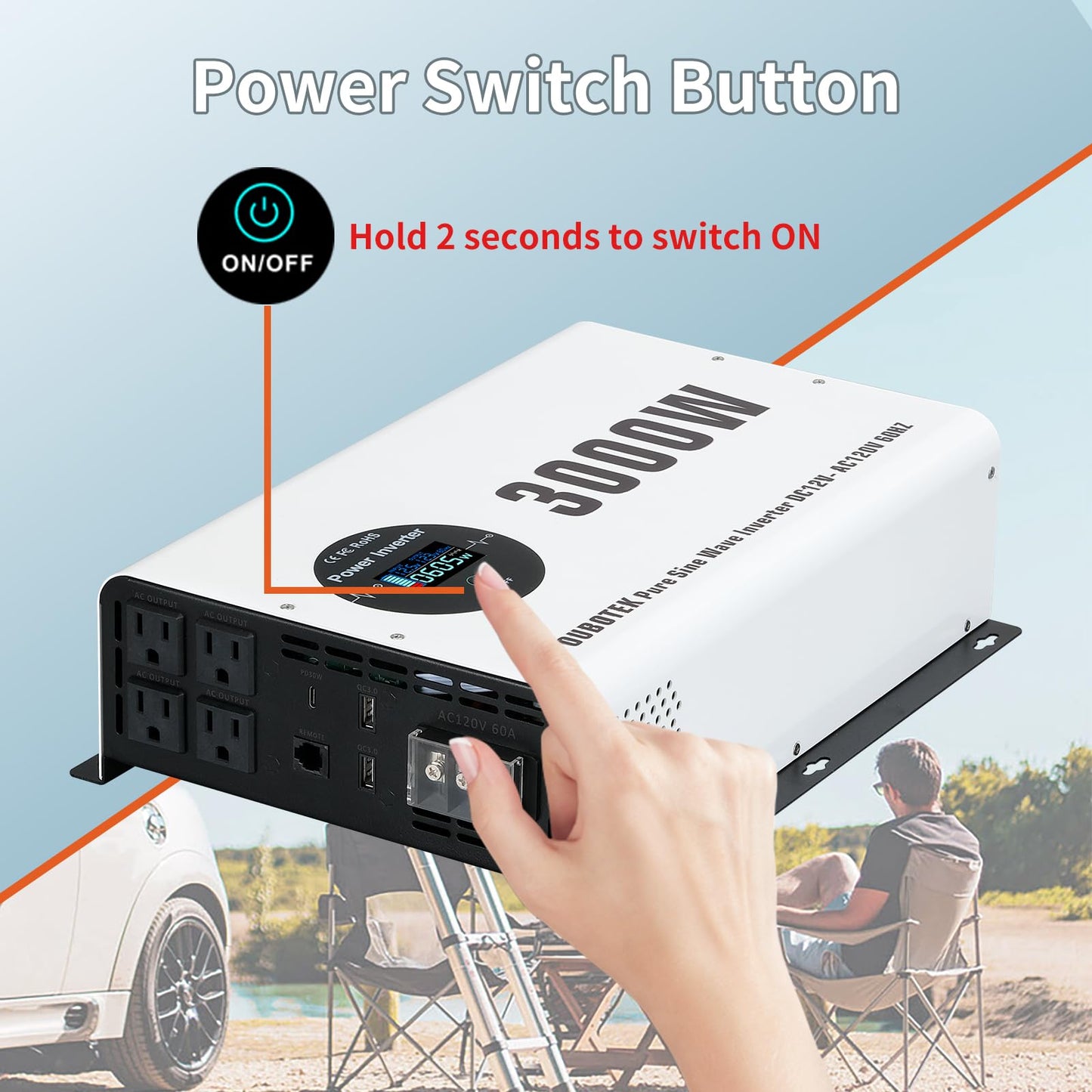 OUBOTEK Power Inverter 3000 Watt Pure Sine Wave DC 12V to AC 120V Car Converter with LCD Display 4 AC Outlets and Hardwire Port for RV,Truck,Home,Off Grid Solar System