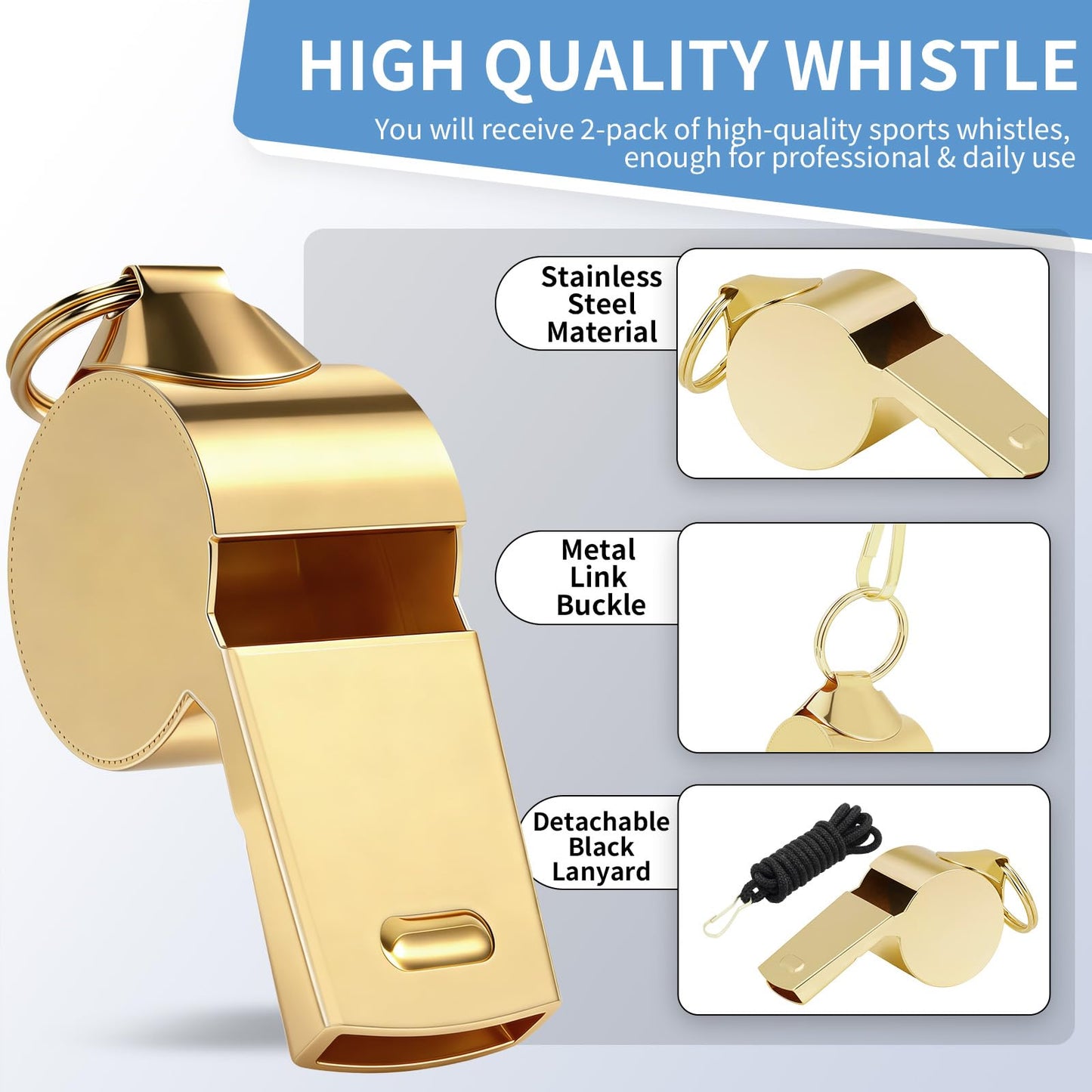 Srxiura Whistle, 2 Pack Stainless Steel Sports Whistles with Lanyard, Loud Crisp Sound Whistles Great for Coaches, Referees, and Officials，Outdoor Enthusiasts,Life Saving,Hiking,Pets Training