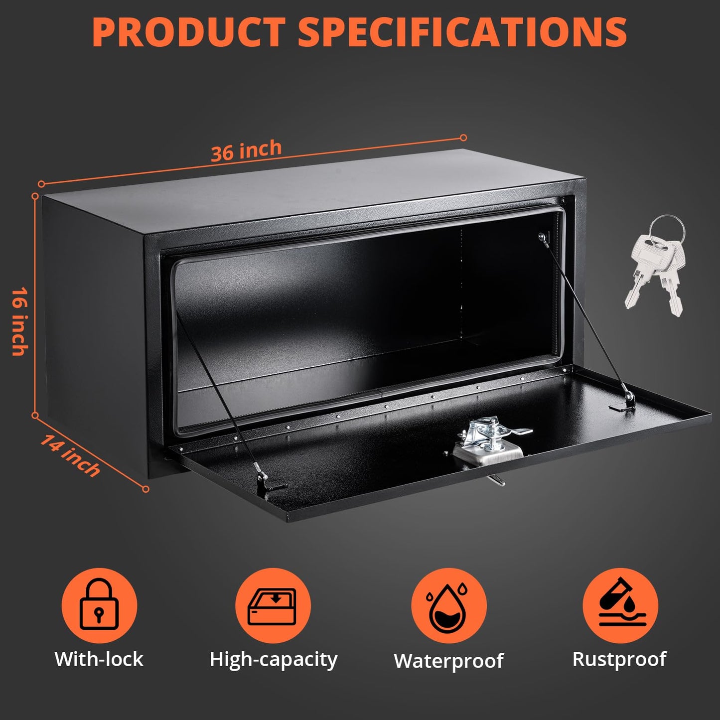 GarveeLife Heavy Duty Steel Underbody Truck Toolbox – Lockable Waterproof Storage Chest – Low Profile Tool Box for Pickup, RV, Trailer – Secure Equipment Organizer – 36"x 14"x 16", Black