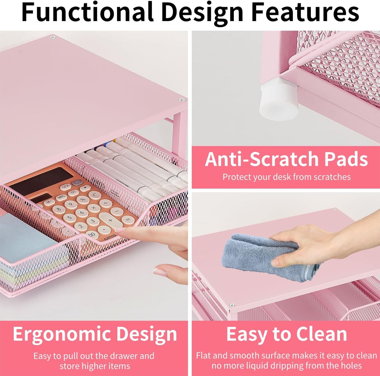 Small Pink Laptop Stand for Desk, Monitor Stand, Office Desk Accessories, Computer Desktop Stand with Drawer for Home