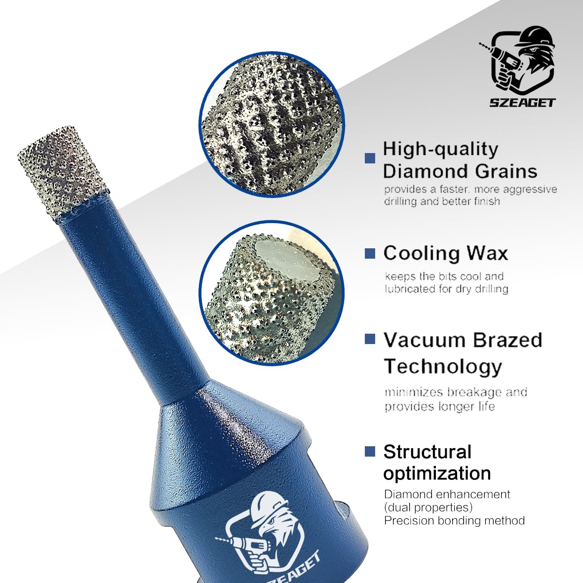 Diamond Tile Hole Saw Kit 9-Piece - SZEAGET Diamond Drill Bits (6/8/10/20/25/35/50/65mm Sizes) + 38mm Diamond Beveling Chamfer Bit for Marble, Granite, Ceramic Tile,10X Longer Life