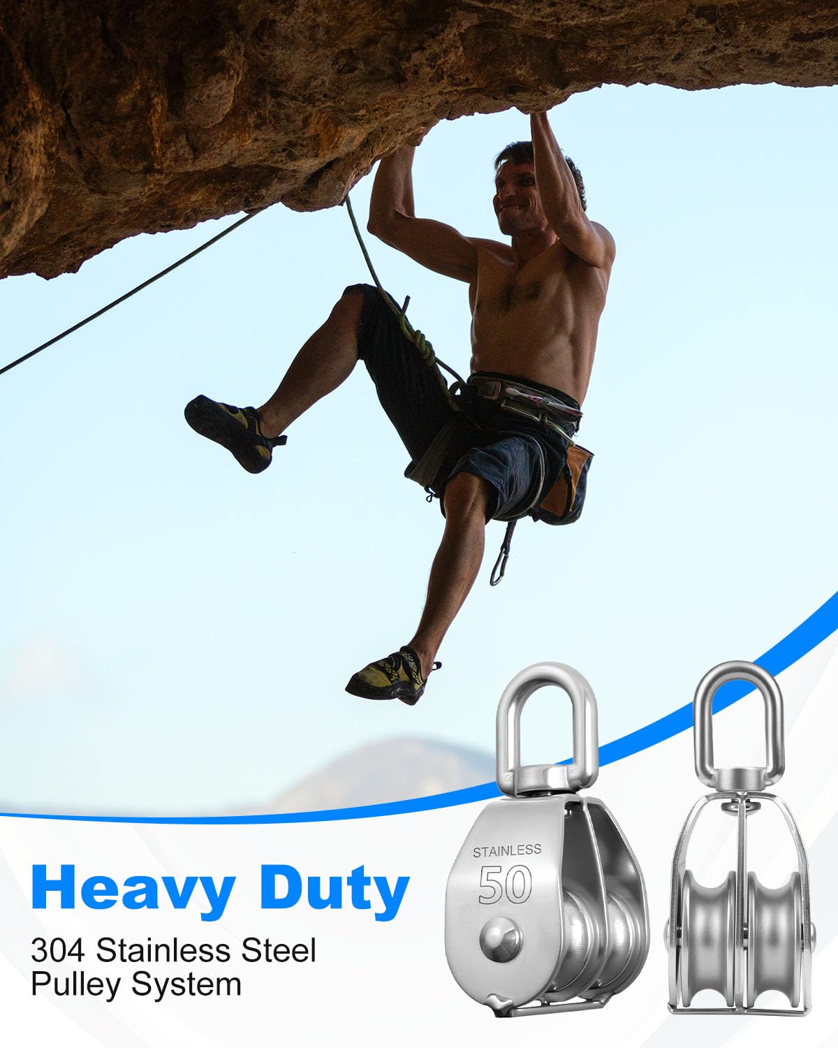 Rocaris 4 Pcs M50 Lifting Double Pulley Block 304 Stainless Steel Crane Swivel Hook Double Pulley Roller Loading