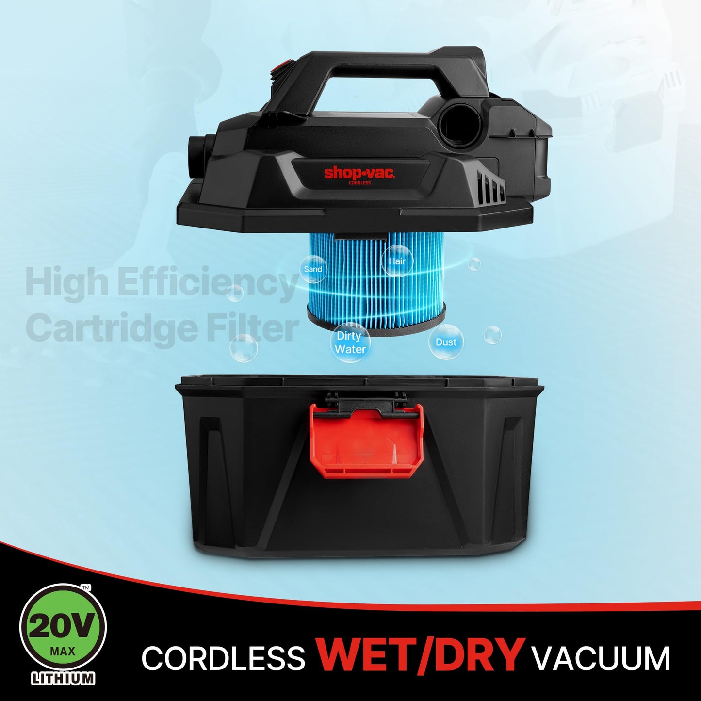 Shop-Vac 5430023 20V Cordless Wet/Dry Vacuum, 2 Gallon, 1.5 Inch Diameter x 5 Foot Hose, Portable Design for Quick Cleanups in Home and Garage