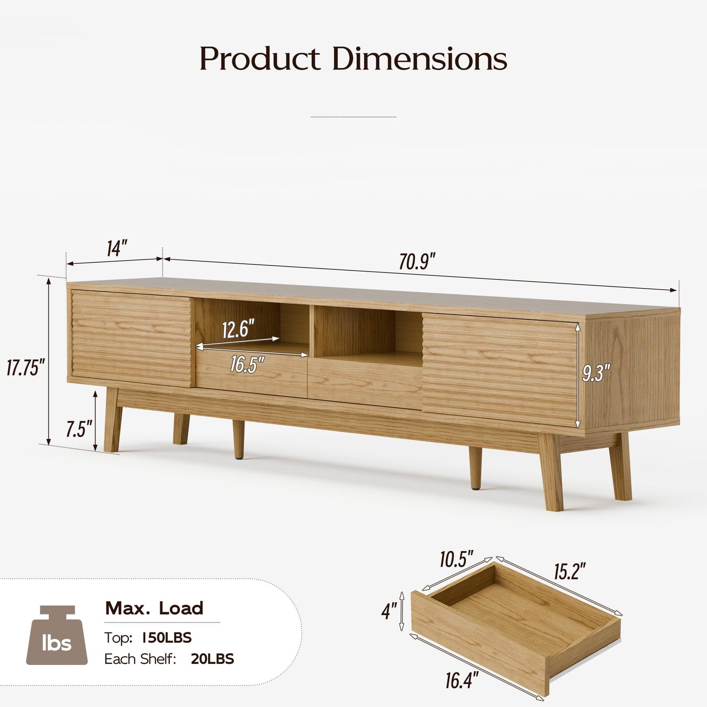 TOLEAD 70" Mid Century Modern TV Stand for TVs up to 75 Inch, Low Profile Entertainment Center with Fluted Sliding Doors & Storage Drawers, Wood TV Console Table for Living Room, Oak
