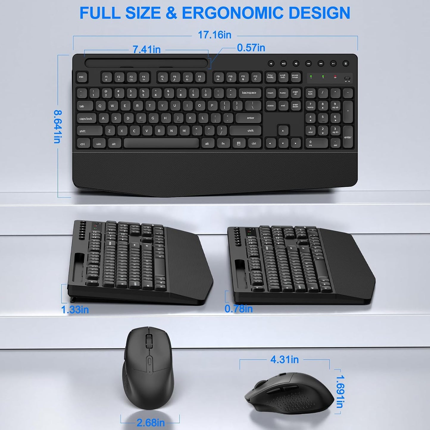 EDJO Set Wireless Keyboard and Mouse Combo, Full-Size Ergonomic Wireless Computer Keyboard with Wrist Rest, Phone