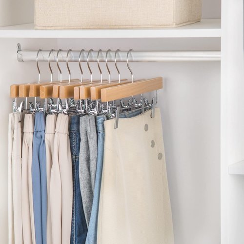 Nature Smile Wooden Pants Hangers - Deluxe Solid Lotus Wood with 2 Adjustable Clips | Pack of 10 (Natural)