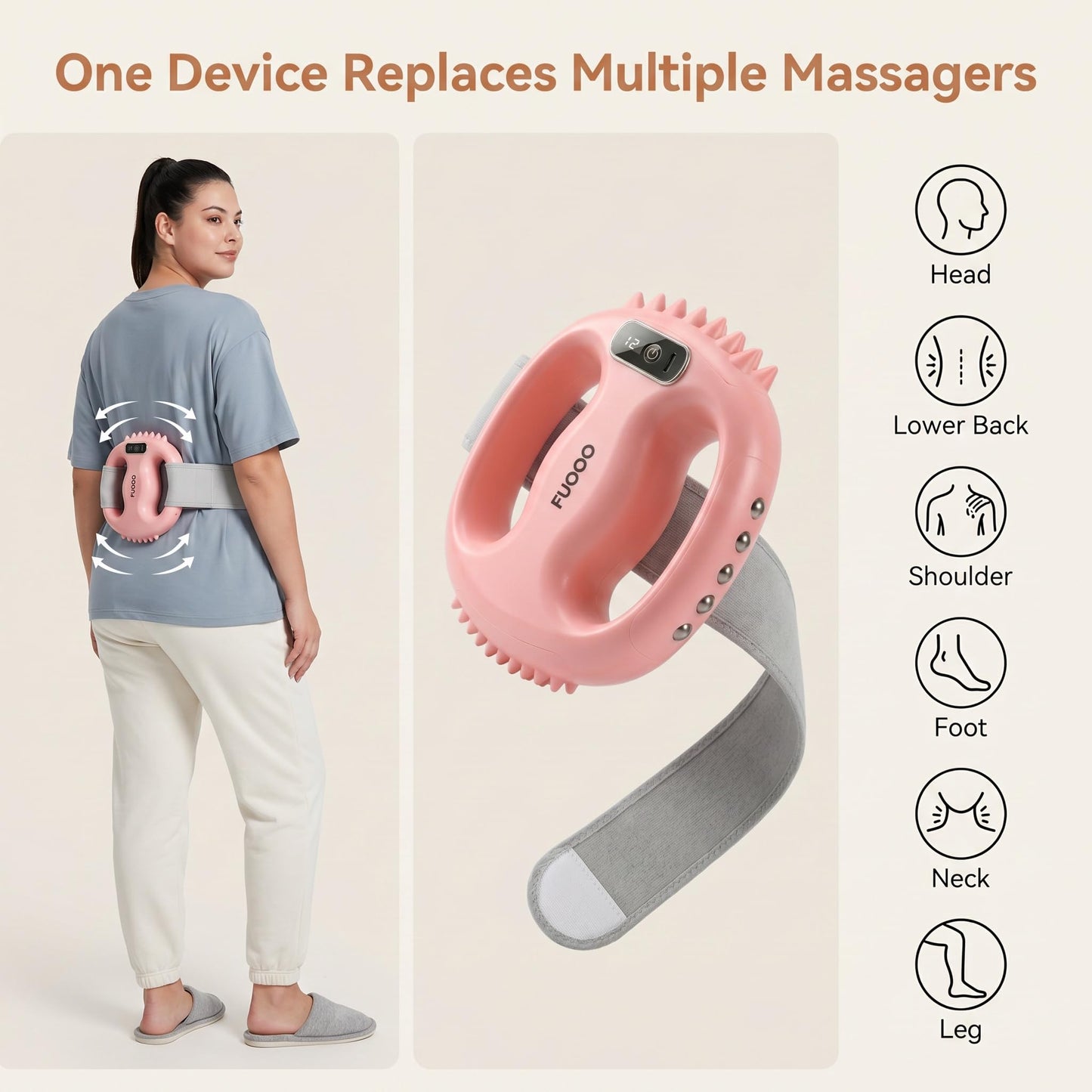 FUOOO 4-Head Fascia Ring Massager, Multifunctional Full-Body Deep Tissue Massage Gun, Hands-Free Ergonomic Electric Massager with Waist Belt, 3 Modes 9 Intensities Cordless Muscle Relief