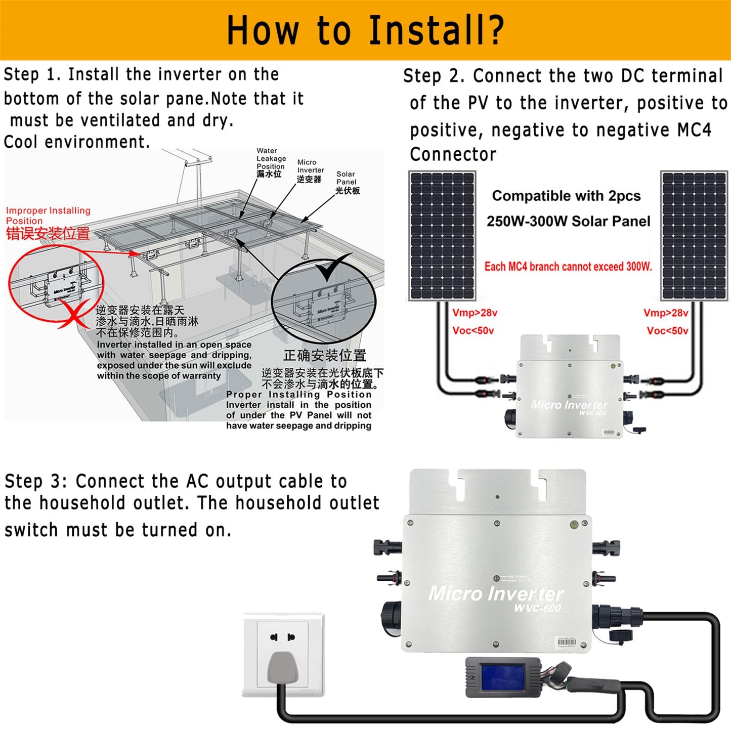 Y&H 600W Solar Grid Tie Micro Inverter with AC Data Monitoring Display Screen Waterproof IP65 MPPT DC28-50V PV Input AC80-160V Output for 24V 36V Solar Panel