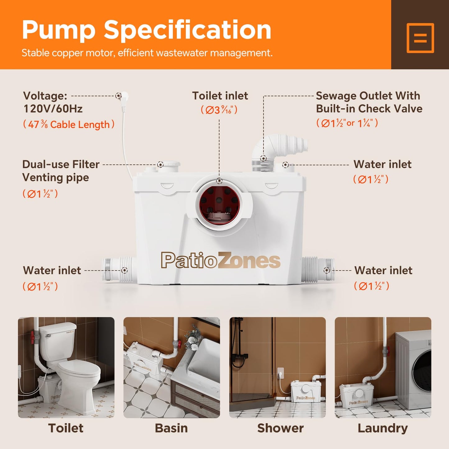 36ft Macerating Toilet System, Heated Seat/Bidet Attachment Inclued, Upflush Toilet with Sewage Grinder Pump for Basement, Quiet Copper Motor, Two-Piece 17.7" Tall Toilet, Less Consumption