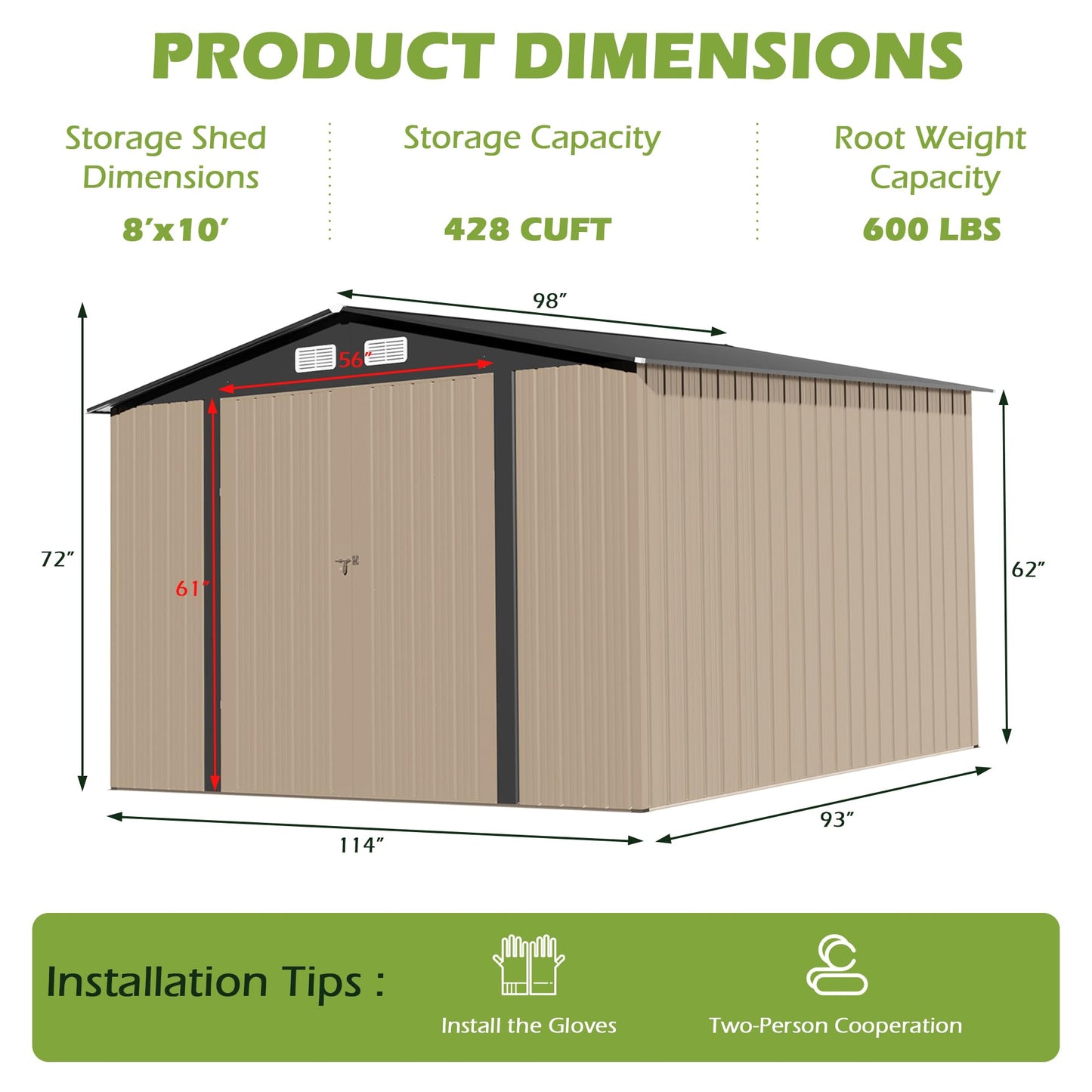 Quinora 8×10 FT Metal Shed Outdoor with Peaked Roof, Weather Resistant Outdoor Storage Shed with Lockable Double Doors for Backyard, Patio Lawn, Garden