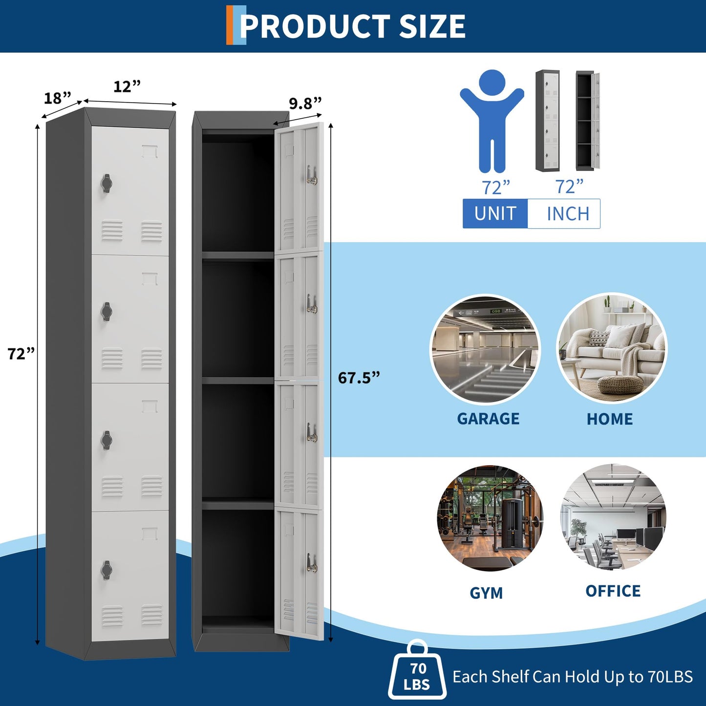 4 Doors Tall Single Metal Locker, Metal Lockers for Employees with Keys, 72" Black Employee Storage Cabinet with Doors, Steel Storage Cabinets Lockable for School, Gym, Home, Office, Mudroom, Black