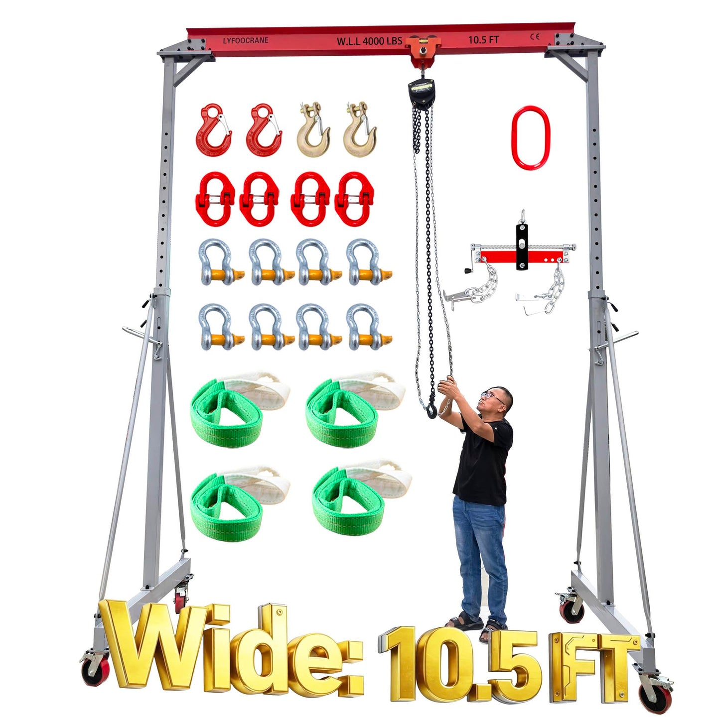 Width 10.5 FT Adjustable Gantry Crane 4000 LB Capacity, Height Adjustable Gantry 9.85 FT ~ 10FT ~ 12 FT~12.5 FT~13.90 FT, Portable Gantry Hoist 2T, Garage Crane with Hoist and Rigging Kit (10.5 FT)