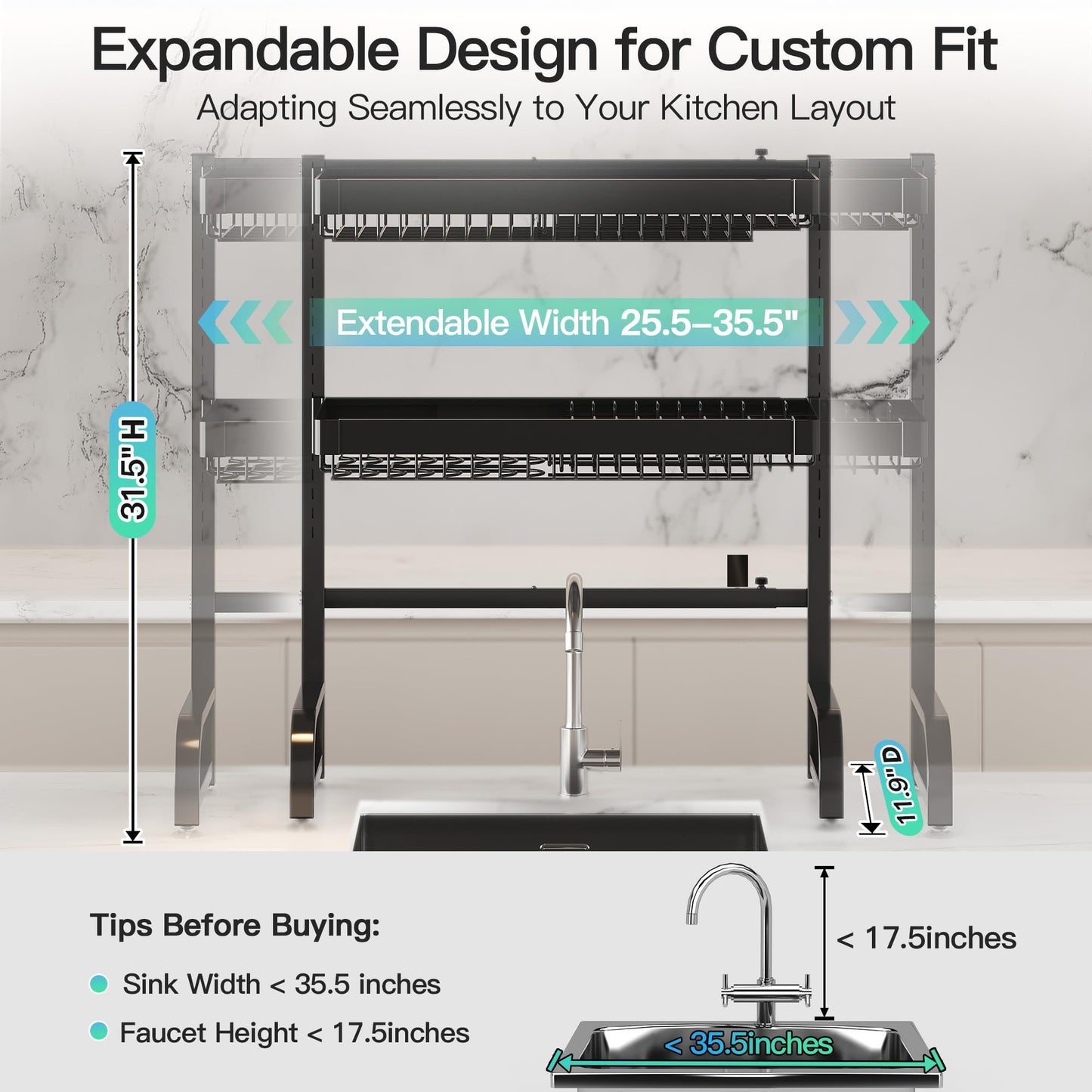 MAJALiS 3 Tier Extra Large Stainless Steel Expandable Over The Sink Dish Drainer Drying Rack, Rust Proof Metal, Space Saving, Modern Black Big Capacity Extendable Plate Strainers Above Counter