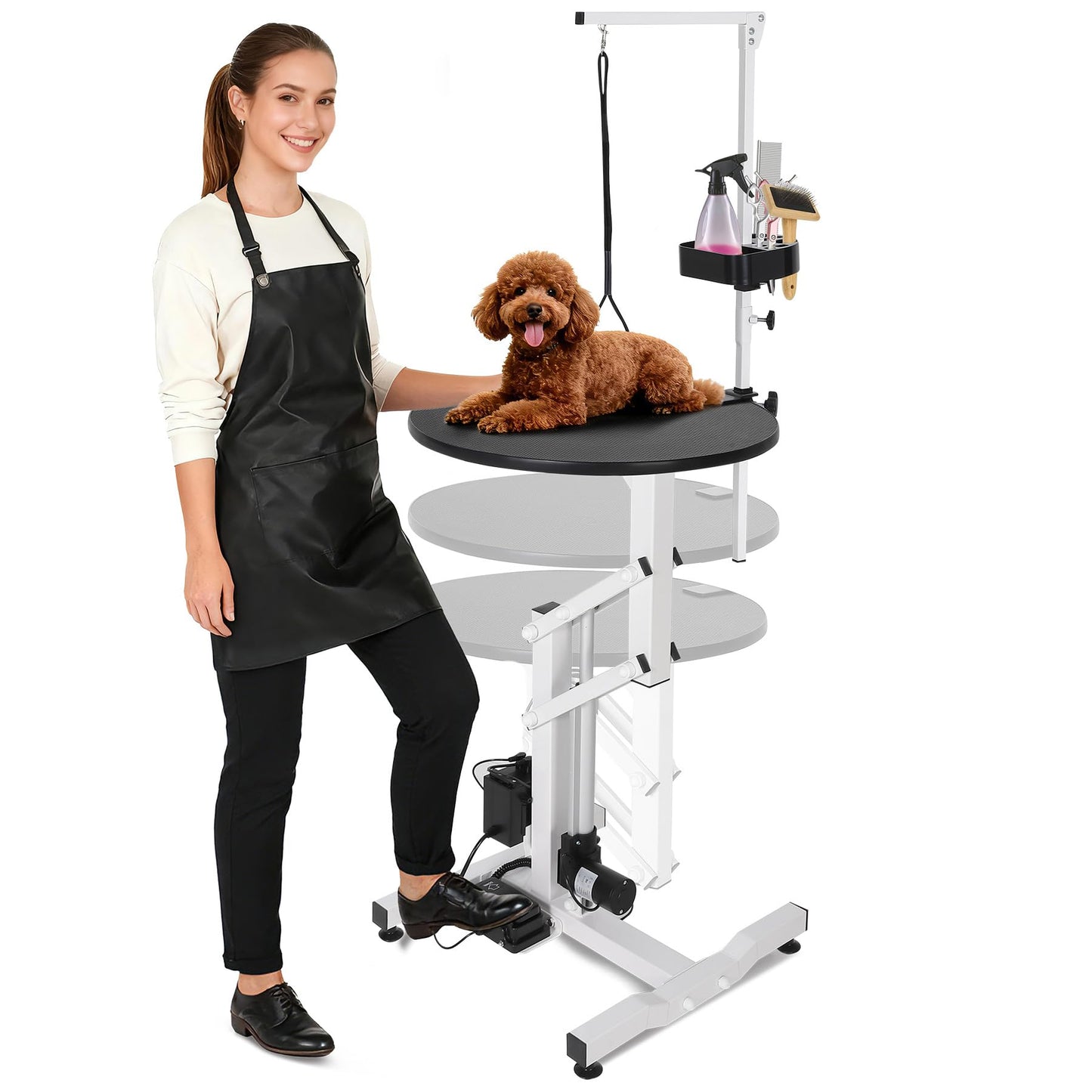 Garvee 24 Inch Electric Hydraulic Lift Pet Dog Grooming Table, Rotating Grooming Desktop for Small Pet, with Overhead Arm, Foot Remote, Tool Organizer, Capacity 250LBS