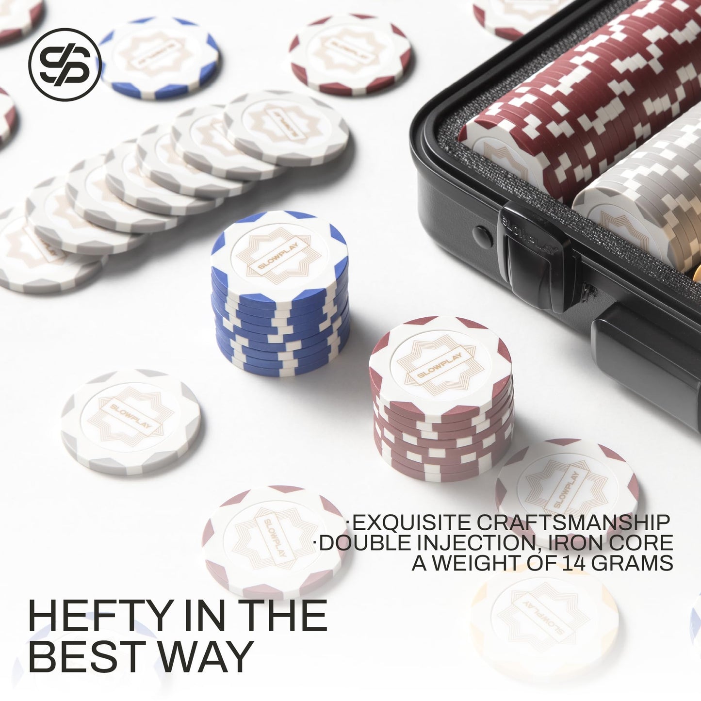 SLOWPLAY Nash 14g Clay Poker Chip Set White Gold Edition– 300PCS Full Set for Texas Hold’em | Numbered Chips: 1, 5, 25, 100, 500 | Premium Case with Durable German Polycarbonate Shell