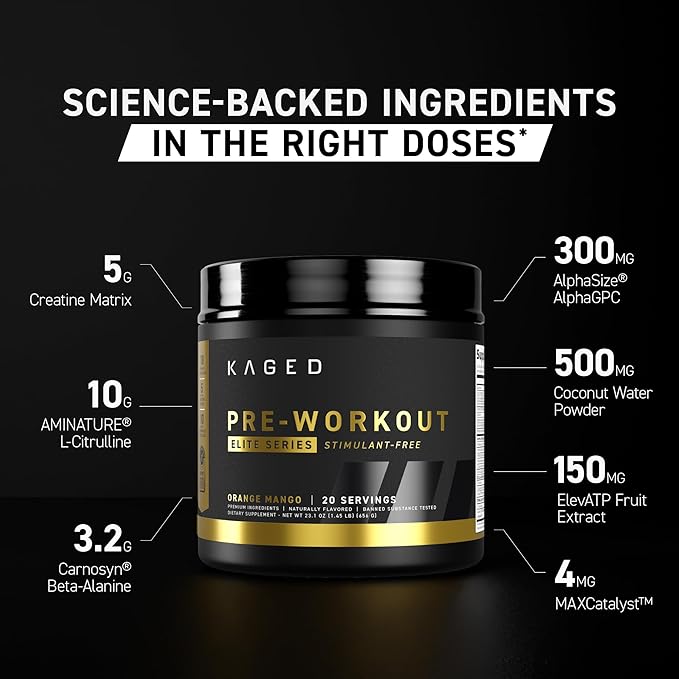 Kaged Pre Workout Elite Stim Free Powder | Cherry Limeade | Pre-Workout with Creatine, Beta Alanine, L-Citrulline, BCAAs | Caffeine Free | Pre Supplements for Men & Women | 20 Servings