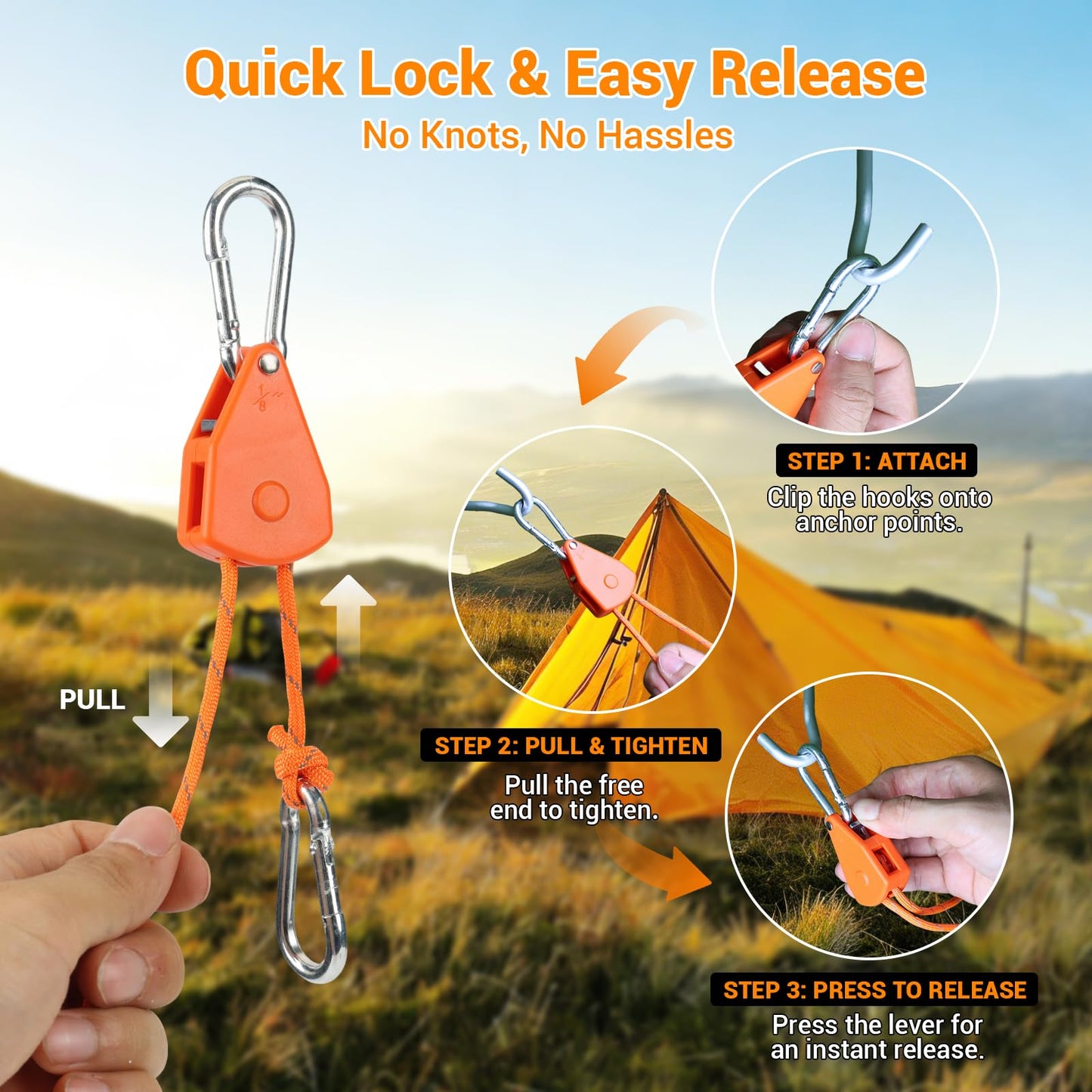 Longer 15ft Paracord Rope Tie Down Ratchet Strap Small Reflective Portable Adjustable Fix Camping Rope Tent Tarp Tie Downs Grow Plant Light Hangers Pulley Tightener Tensioner Adjuster 1/8in 4Pack