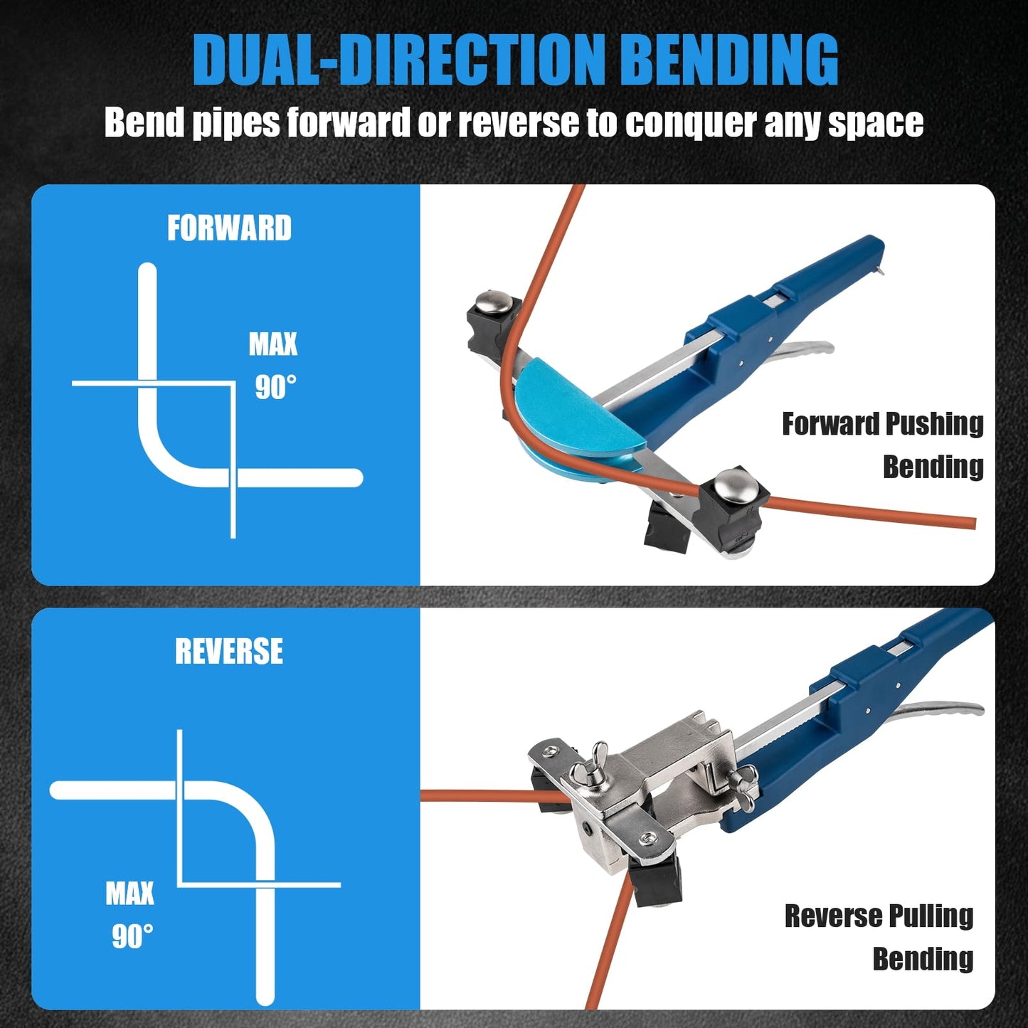 Beaiguna 15PCS Copper Pipe Bender Tool, Tubing Bender Hvac Tools Set for 1/4"-7/8" O.D. Pipes, 90° Forward/Reverse Pipe Tube Bender with 7 Heads, Upgraded Copper Benders Tool for Hvac Air Condition