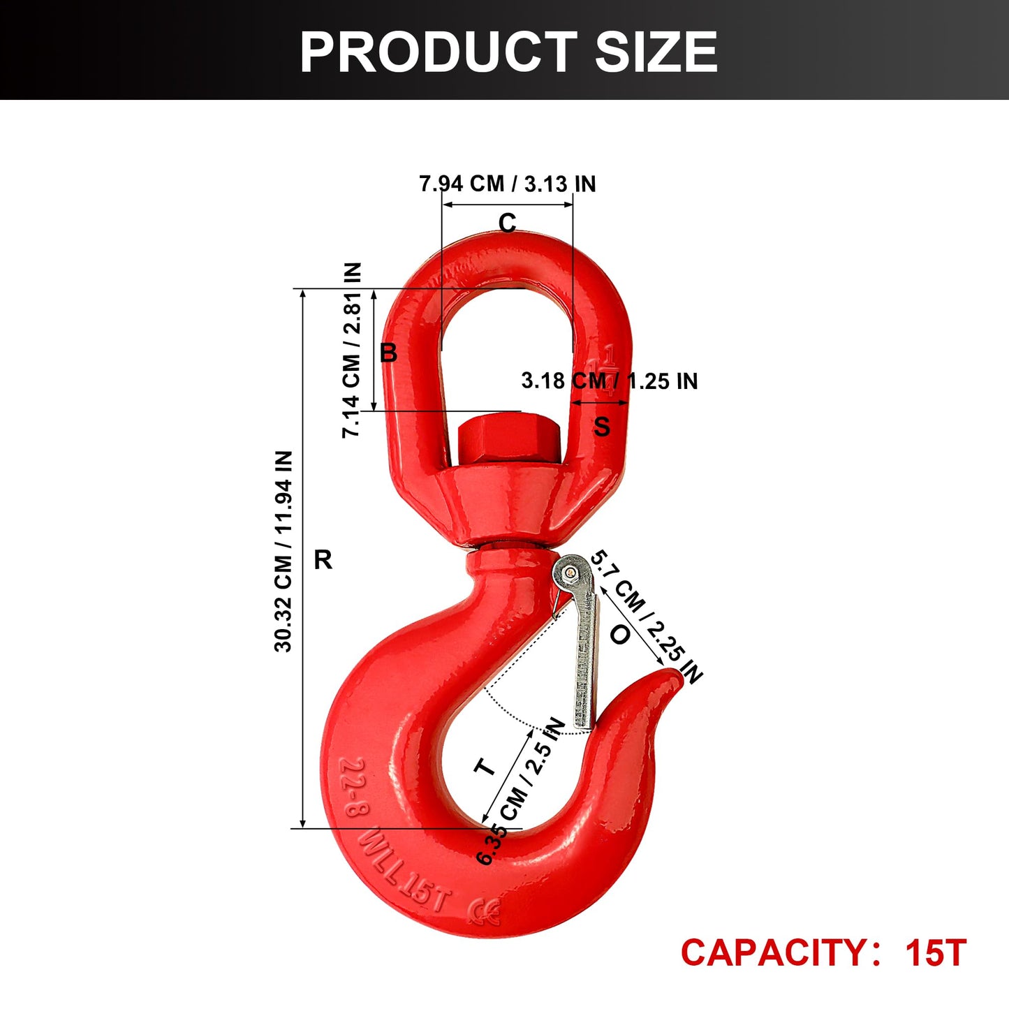 SCIEO 15 Ton Swivel Hook for Lifting - Heavy Duty Swivel Lifting Hook with Safety Latch | Self Locking Rigging Swivel Hook Grade 80 Hoist Swivel Eye Sling Hook for Crane with 33069 lbs Load Capacity