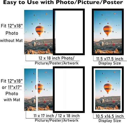 JCJMY 12x18 Picture Frame - Versatile Display for 11x17 Photos with Mat or 12x18 Without Mat | Black