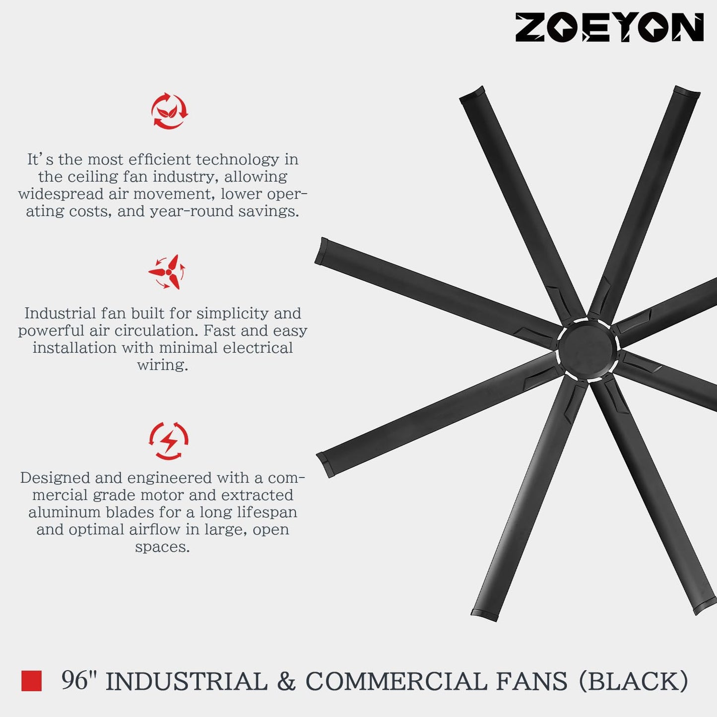 ZOEYON 96 Inch Industrial Ceiling Fan - Large Ceiling Fan with DC Motor, 3 Downrods, 6-Speed Remote Control, 8 Reversible Aluminum Blades, Black Commercial Ceiling Fans for Shop/Gym/Warehouse/Garage