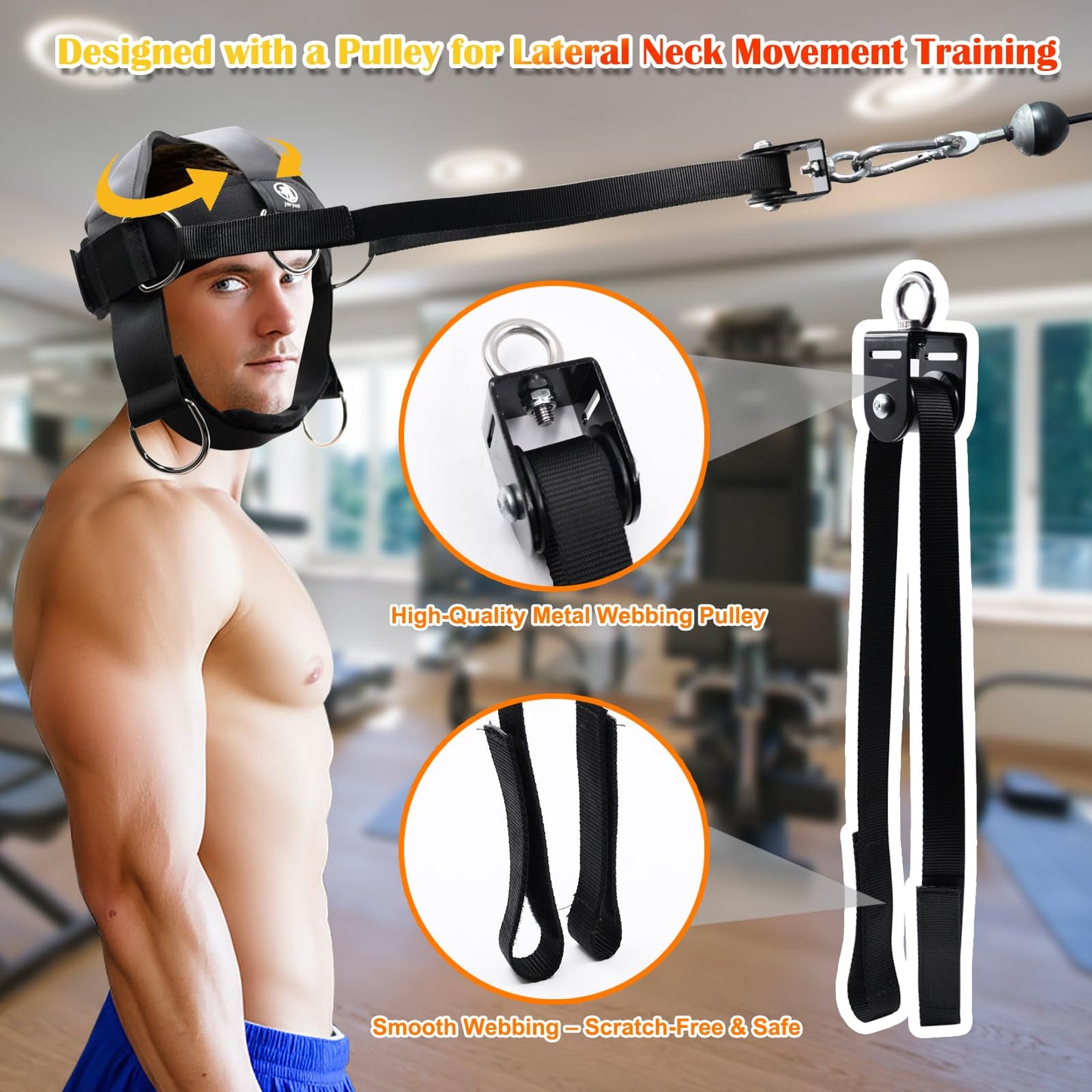 Neck Training Harness with Pulley System – Adjustable Head Strap for Side-to-Side Neck Strength Workout, Heavy-Duty Steel Chain for Weighted Vertical Training, Ideal for Powerlifting & Fitness