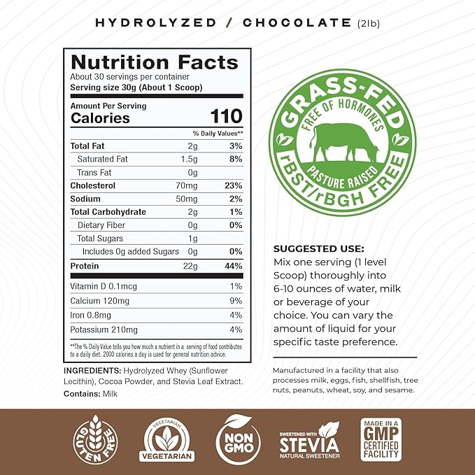 Muscle Feast Hydrolyzed Whey Protein Powder, Grass Fed and All Natural Hormone-Free, Hydro Whey Powder for Men and Women, Gluten Free, Non-GMO, Delicious Hydrolyzed Protein Powder, Chocolate, 2lb
