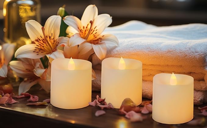 3x3 Flickering Flameless Candles Set of 3,3 inch Real Wax LED 600 Hours Battery Candles with Timer Remote,Control for Wedding Party Indoor,Ivory