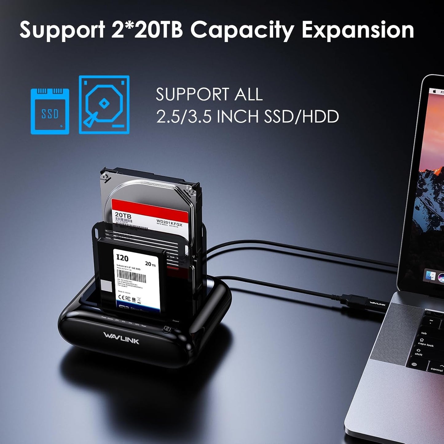 WAVLINK 3.0 2.5" 3.5" 2x20TB 6Gbps Dual Bay Hard Drive Docking Station - USB to SATA I/II/III for & HDD/SSD with Fixed