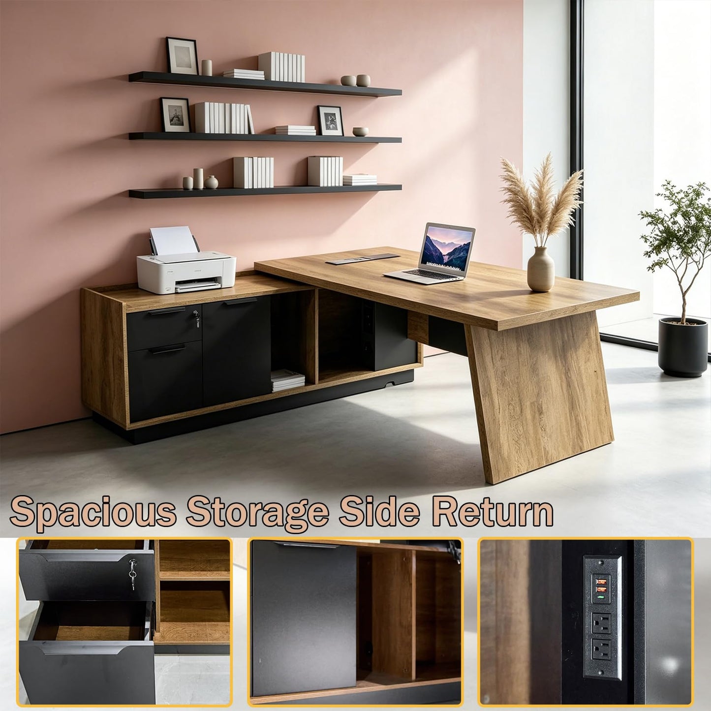 ONNAHOMEStlyle L-Shaped Executive Desk (71" or 79") | with Built-in Dual Charging & Wireless on Desktop | Drawers & Printer Space, Modern Office Desk for Home & Business Offices(Left)