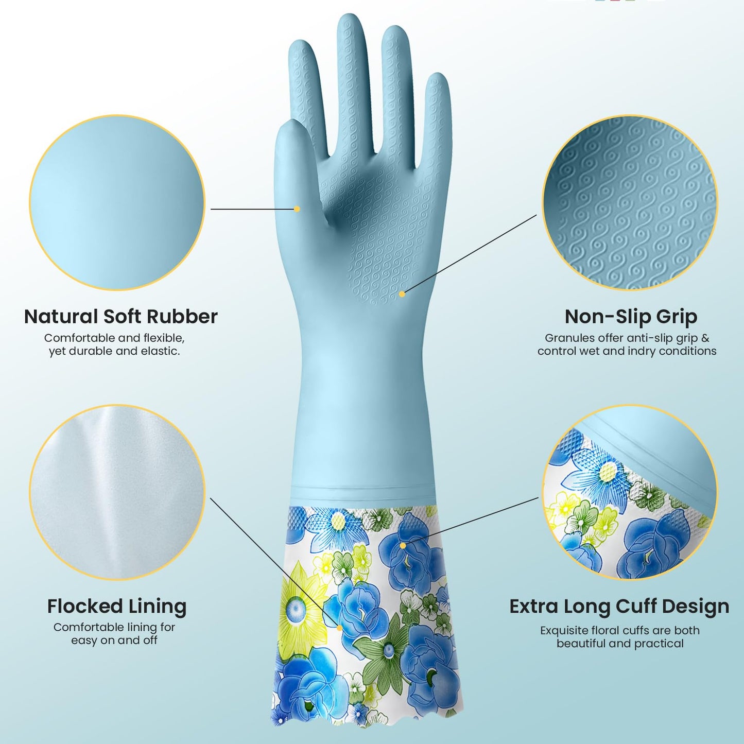 KAQ 3 Pairs Rubber Cleaning Gloves, Reusable Dishwashing Gloves for Kitchen with Cotton Liner, Long Cuff 16", Waterproof Non-Slip Household Gloves for Bleaching Bathroom, Laundry, Gardening (Large)