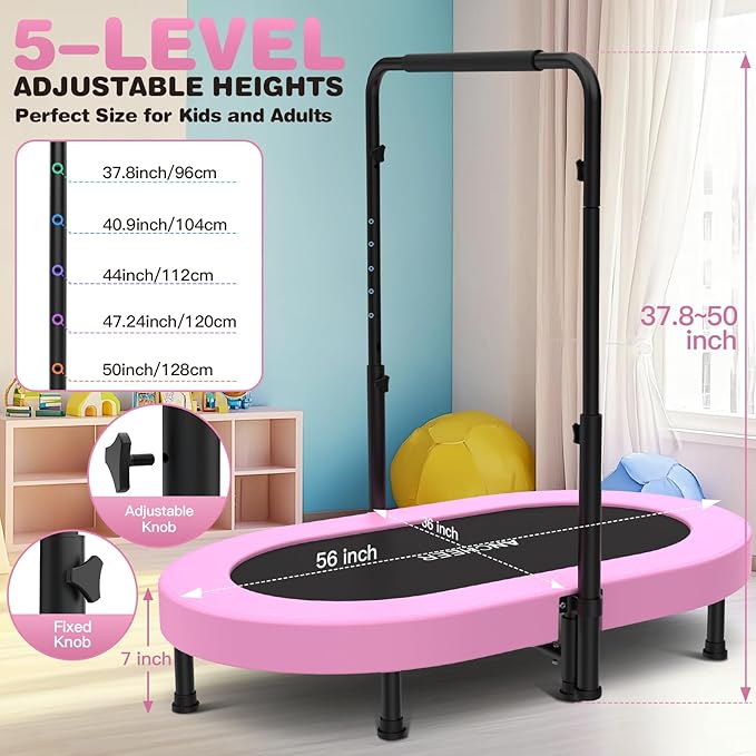 ANCHEER 56'' Foldable Mini Trampoline with Adjustable Handle - Indoor/Outdoor Rebounder for Kids & Toddlers Safe Oval Fitness Trampoline with Bar for Home Fun