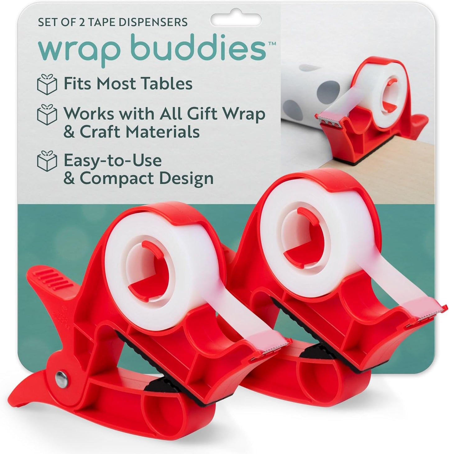 Wrap Buddies Tabletop Gift Wrapping Tool - Set of 2 Adjustable Clamps with Tape Dispenser - One-Handed Cutter in Cherry Red