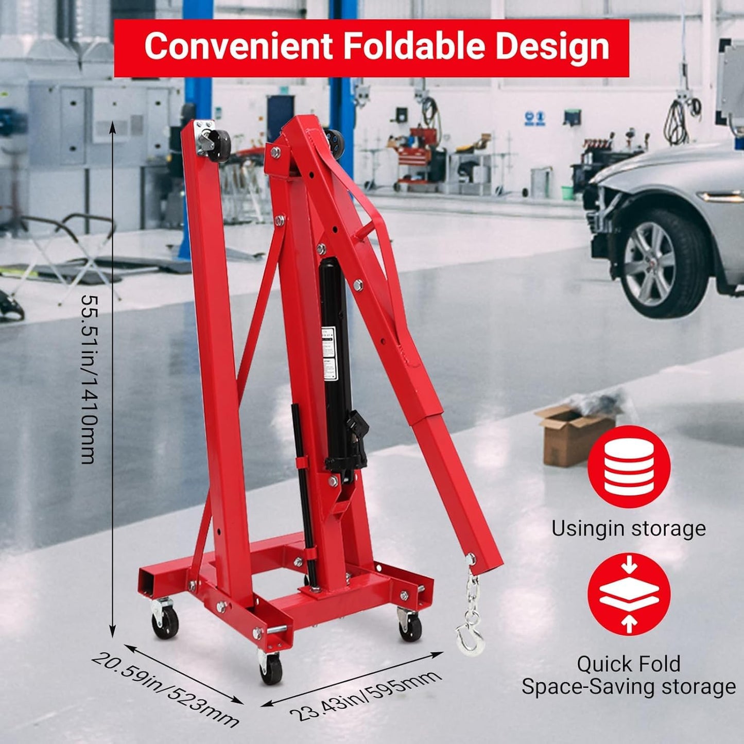 GarveeTech 2-Ton Folding Engine Hoist Cherry Picker 4400 Lb Capacity Hydraulic Shop Crane with Telescoping Boom 6 Caster Wheels for Automotive Repair Garage Use Includes Hitch and Storage Stand Red