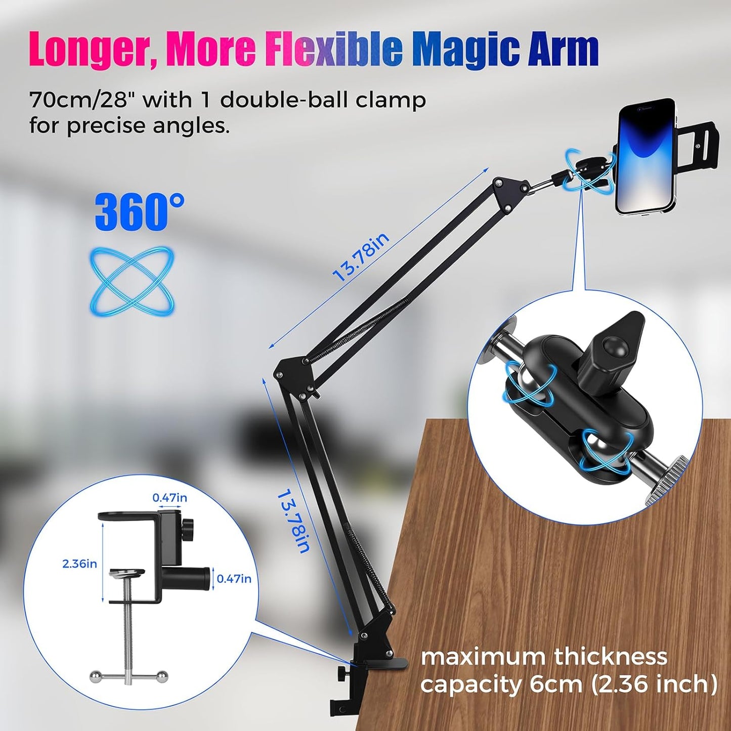 ellrkr 30" 360 1/4" 5/8" Magic Arm Holder w Clamp - Overhead Phone Mount for Desk, Smooth & Thread Webcam Stand