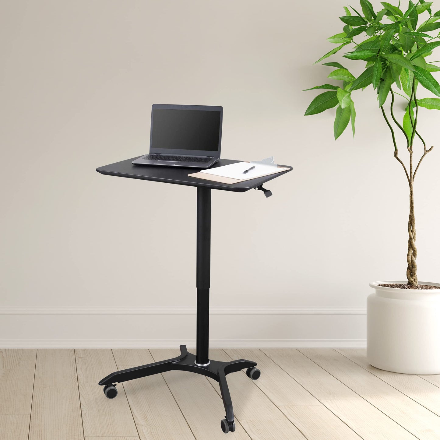 Stand Up Desk Store Pneumatic Adjustable Height Rolling Mobile Laptop Standing Desk Cart (Black Frame/Black Top, 28" Wide)