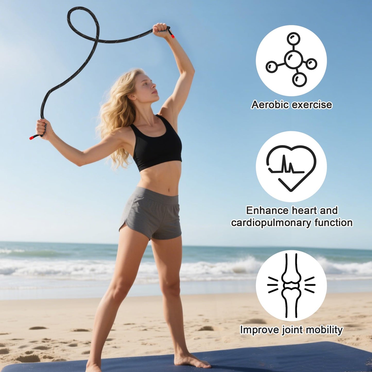 Flow Rope Exercise Jump Rope For Fitness, Working Out, Flow with 9 Ft 2Lbs Adjustable Double Woven Workout Rope For Men, Women, Beginners' Training – Indoor & Outdoor Cardio (Black(Reflective tape))