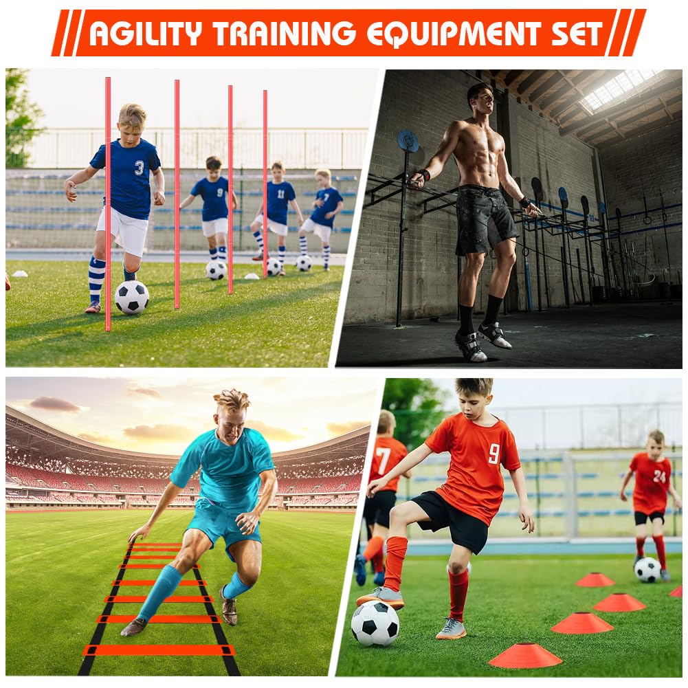 HOTOOLME Soccer Agility Training Poles Set Soccer Training Equipment- Includes 6 Agility Poles,Agility Ladder, 10 Soccer Cones,Jump Rope for Speed Training, Soccer Training, Basketball Athletes & Kids