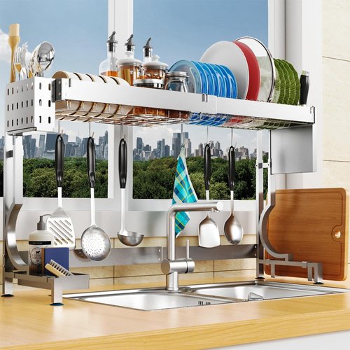 MINGLING Over Sink Dish Drying Rack Kitchen Dish Rack Over Sink Height & Width Adjustable Large Over Sink Dish Drainer Rack Full Stainless Steel (W21.2-37"~ H18.5-22" Silver)