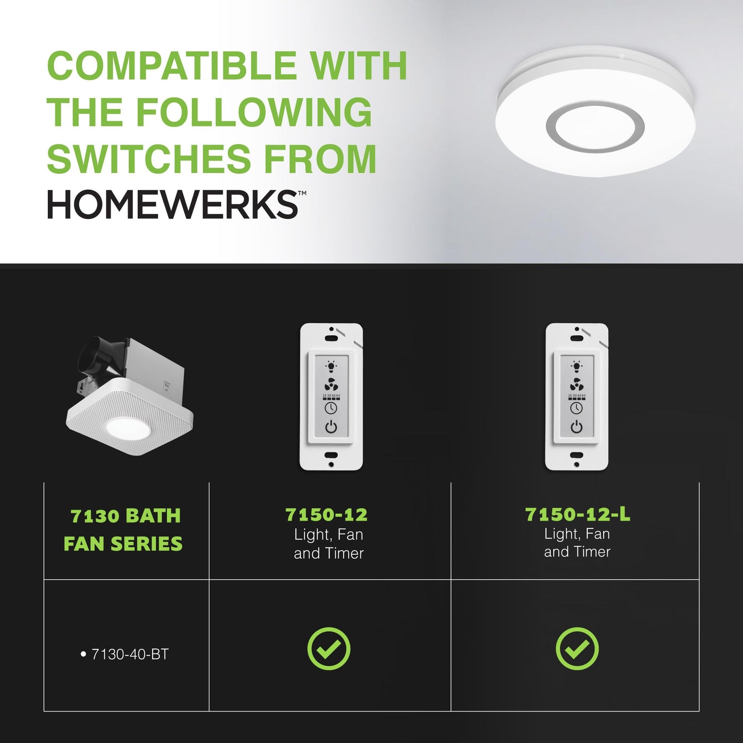 Homewerks 7130-40-BT DC Bathroom Fan with Light and Bluetooth Speaker 90-CFM 1.2 Sones White Easy Install, 4000 Kelvin Cool White Light